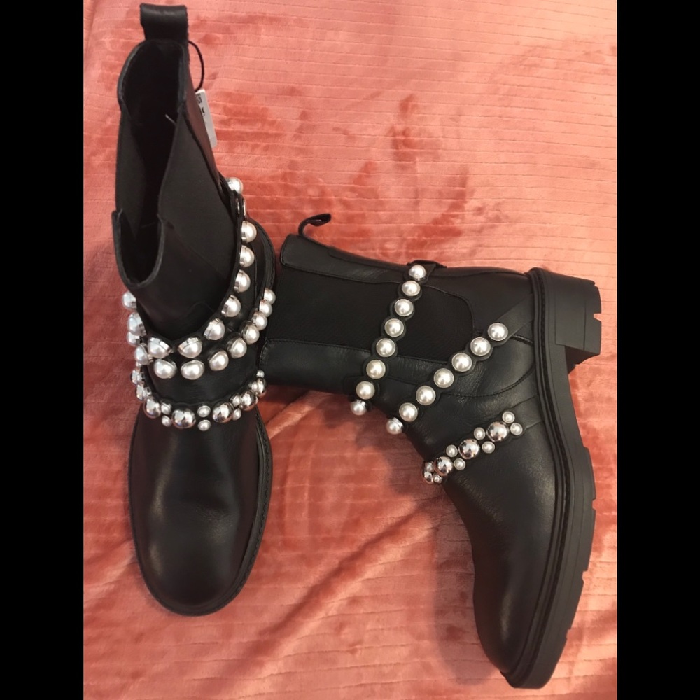 ZARA BLACK BOOTS PEARL STRAP LEATHER ANKLE
